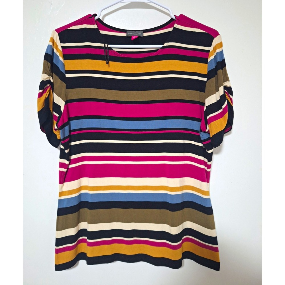Vince Camuto Women's L Multicolor Striped Ruched Knit Top Short Sleeve Round